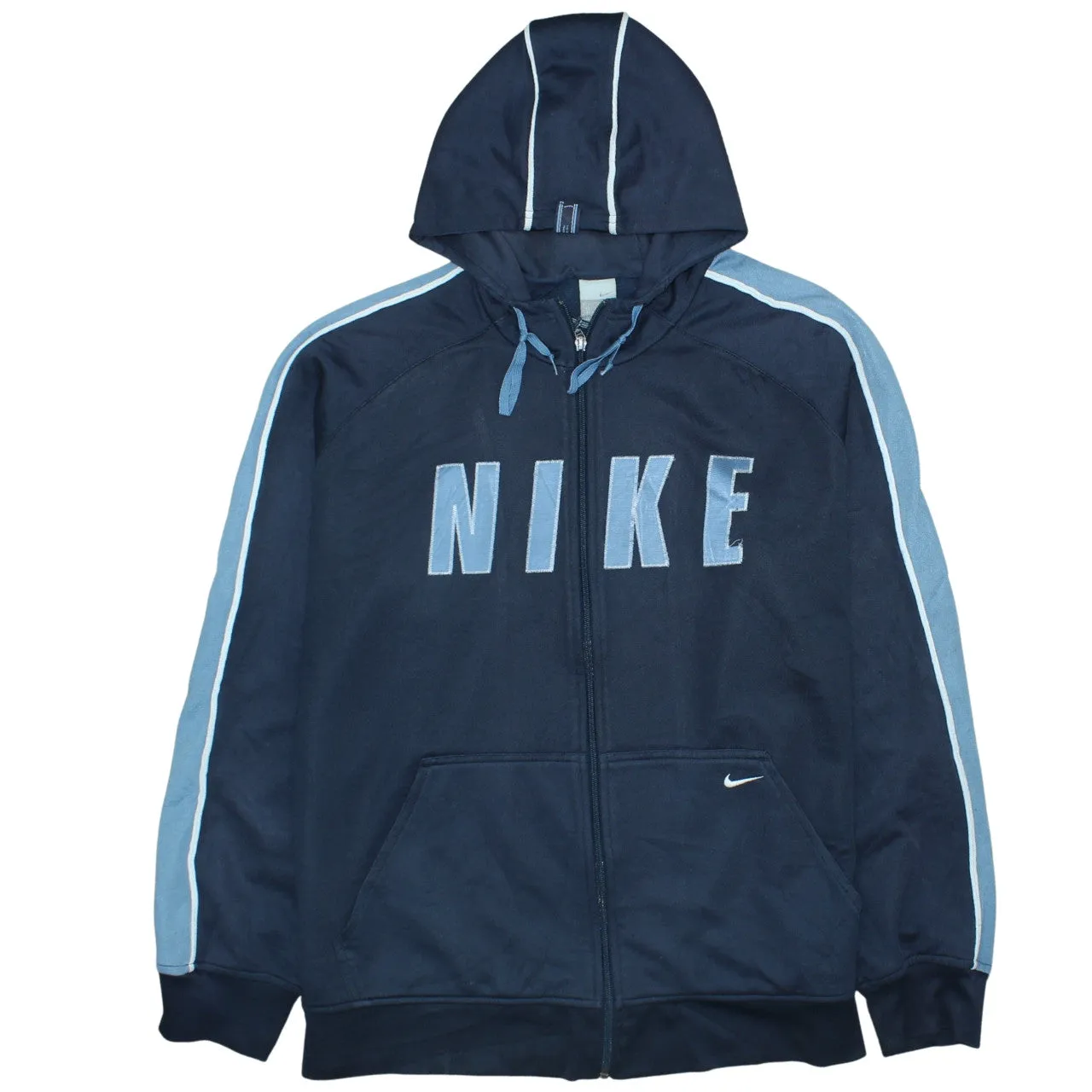 Nike Navy Blue Full Zip Hoodie Men’s XLarge Embroidered Logo Contrast Stripe Sleeves Sweatshirt sold by Vintage Club