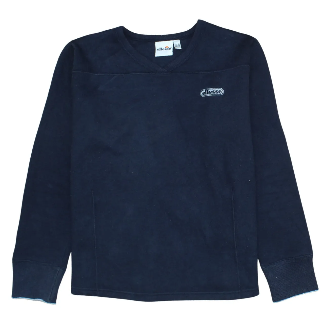 Ellesse Navy Blue Sweatshirt Women’s Large Embroidered Chest Logo V Neck Pullover Top sold by Vintage Club