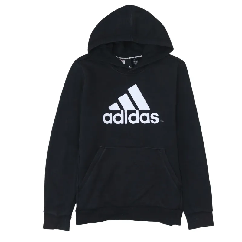 Adidas Black Hoodie Women’s Large Printed Logo Front Pouch Pocket Pullover Sweatshirt sold by Vintage Club