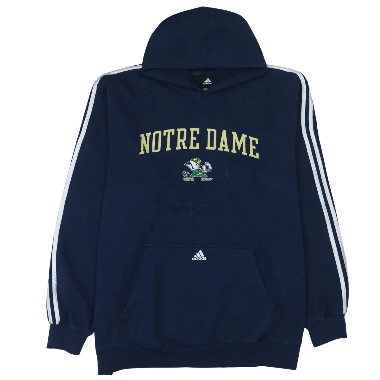 Adidas Navy Blue Hoodie Men's XXLarge Notre Dame Printed Logo Three Stripe Sleeves Sweatshirt sold by Vintage Club