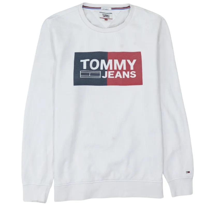 Tommy Hilfiger White Sweatshirt Men's Large Printed Tommy Jeans Logo Crewneck Pullover sold by Vintage Club