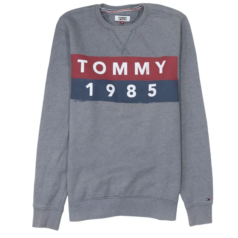 Tommy Hilfiger Grey Sweatshirt Men's Medium Printed Tommy 1985 Logo Crewneck Pullover Top made by Tommy Hilfiger
