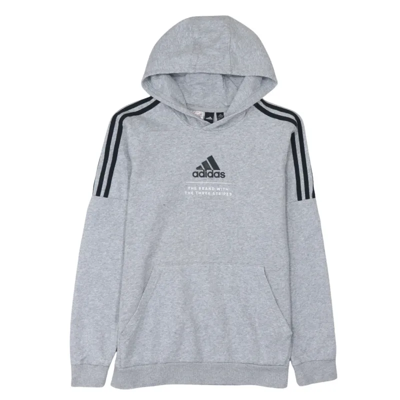 Adidas Light Grey Hoodie Women’s XLarge Printed Logo Three Stripe Sleeve Pullover Sweatshirt sold by Vintage Club