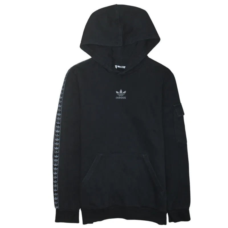 Adidas Black Hoodie Women’s Large Trefoil Tape Sleeves Embroidered Logo Pullover Sweatshirt sold by Vintage Club