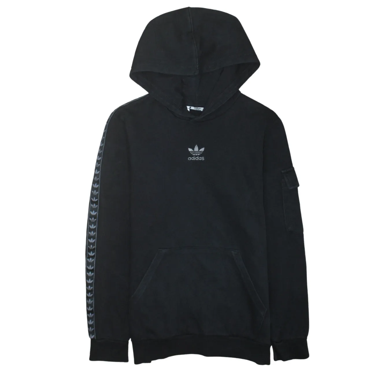 Adidas Black Hoodie Women’s Large Trefoil Tape Sleeves Embroidered Logo Pullover Sweatshirt sold by Vintage Club