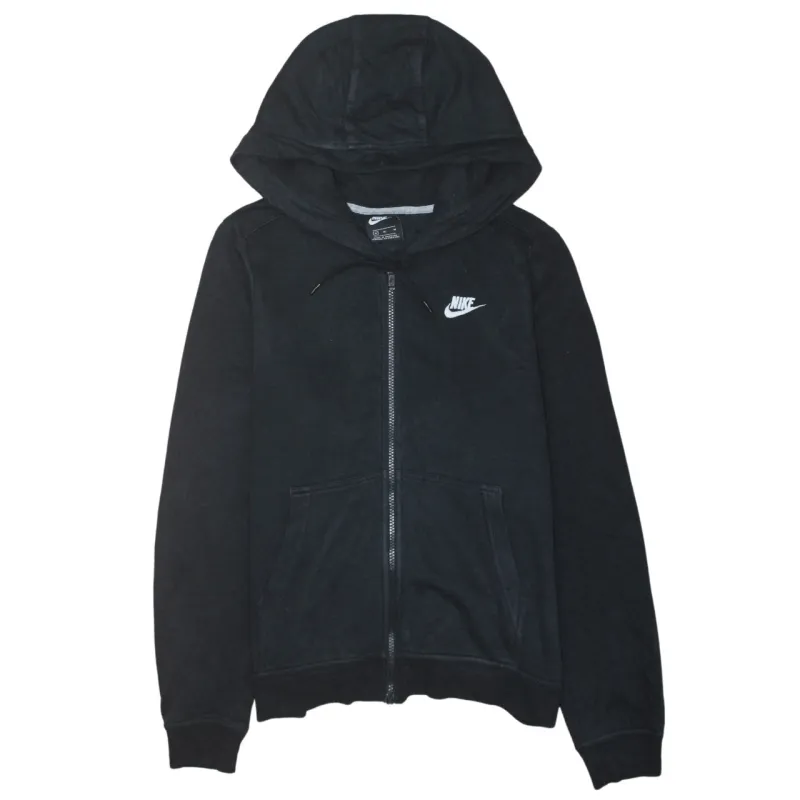Nike Black Full Zip Hoodie Women’s Medium Printed Swoosh Logo Split Pocket Sweatshirt made by Nike