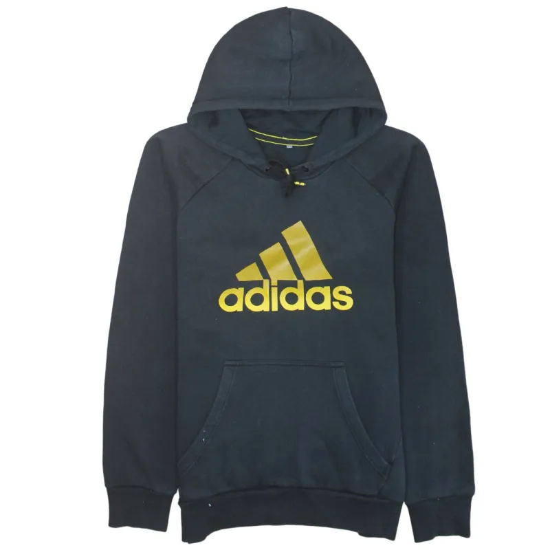 Adidas Black Hoodie Men's Small Printed Gold Logo Front Pocket Pullover Sweatshirt made by Adidas