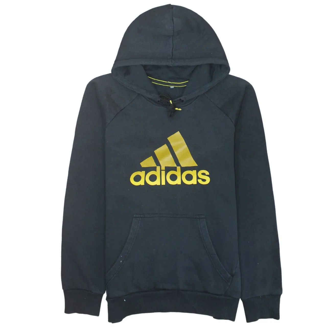 Adidas Black Hoodie Men's Small Printed Gold Logo Front Pocket Pullover Sweatshirt sold by Vintage Club