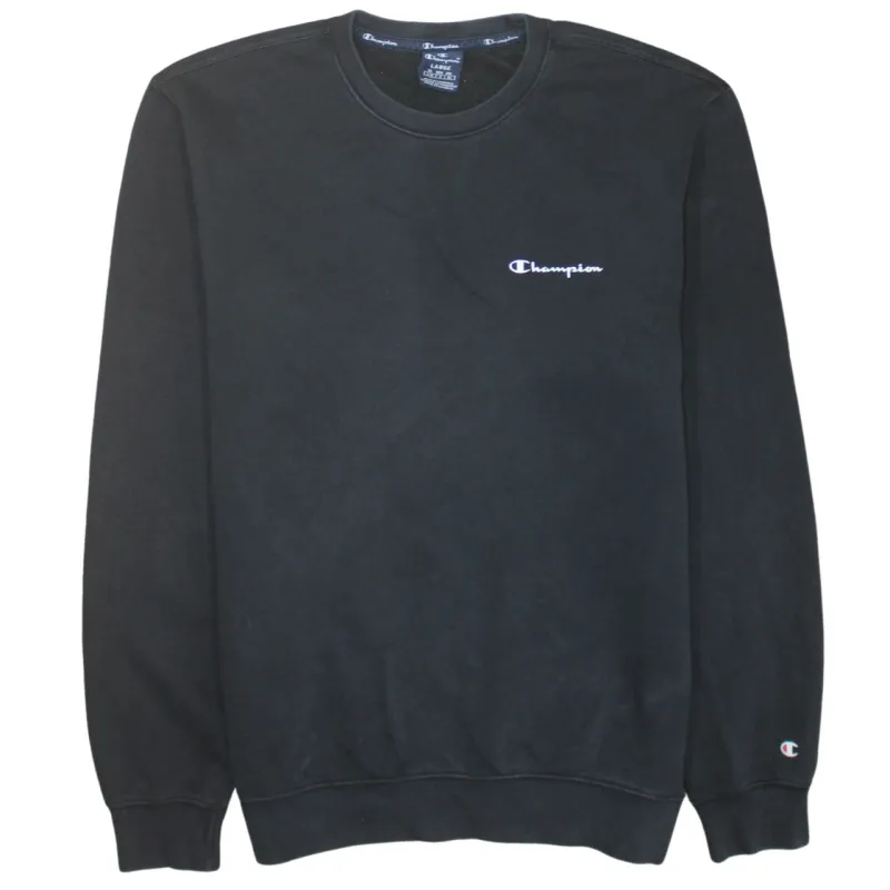 Champion Black Sweatshirt Men’s Large Embroidered Chest Logo Cuff Badge Crewneck Pullover sold by Vintage Club