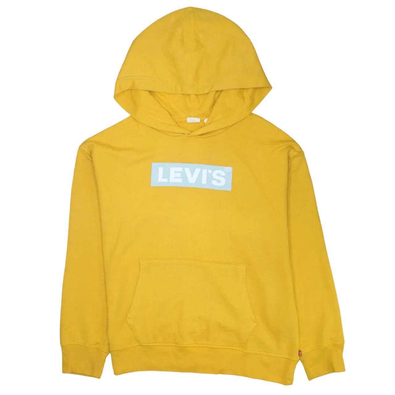 Levi's Mustard Yellow Hoodie Men's Large Printed Box Logo Front Pocket Pullover Sweatshirt sold by Vintage Club