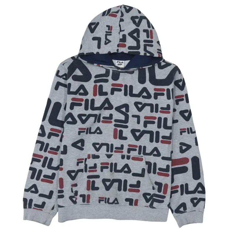 Fila Grey Logo Print Hoodie Women’s XXLarge All Over Graphic Fleece Pullover Sweatshirt made by Fila