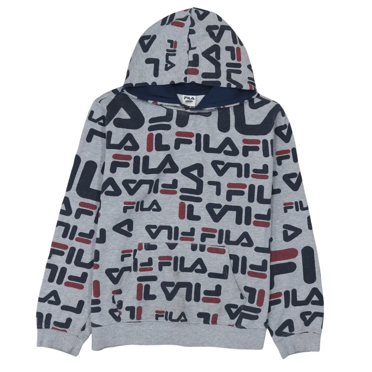 Fila Grey Logo Print Hoodie Women’s XXLarge All Over Graphic Fleece Pullover Sweatshirt sold by Vintage Club