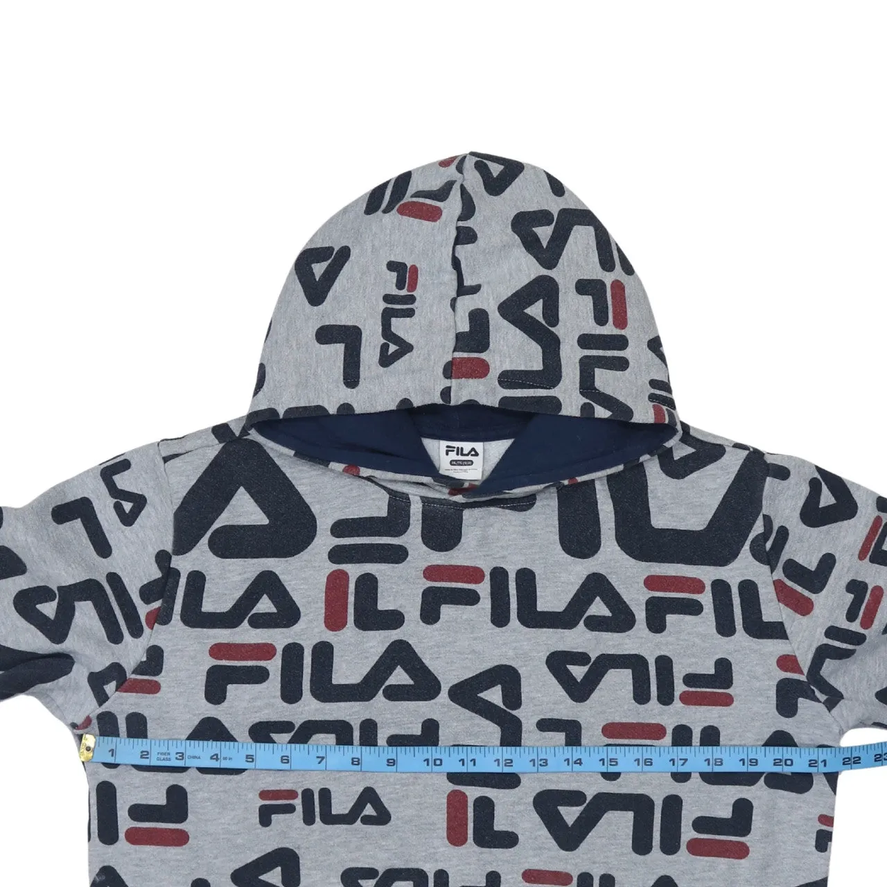 Fila Grey Logo Print Hoodie Women’s XXLarge All Over Graphic Fleece Pullover Sweatshirt sold by Vintage Club product image thumbnail 5