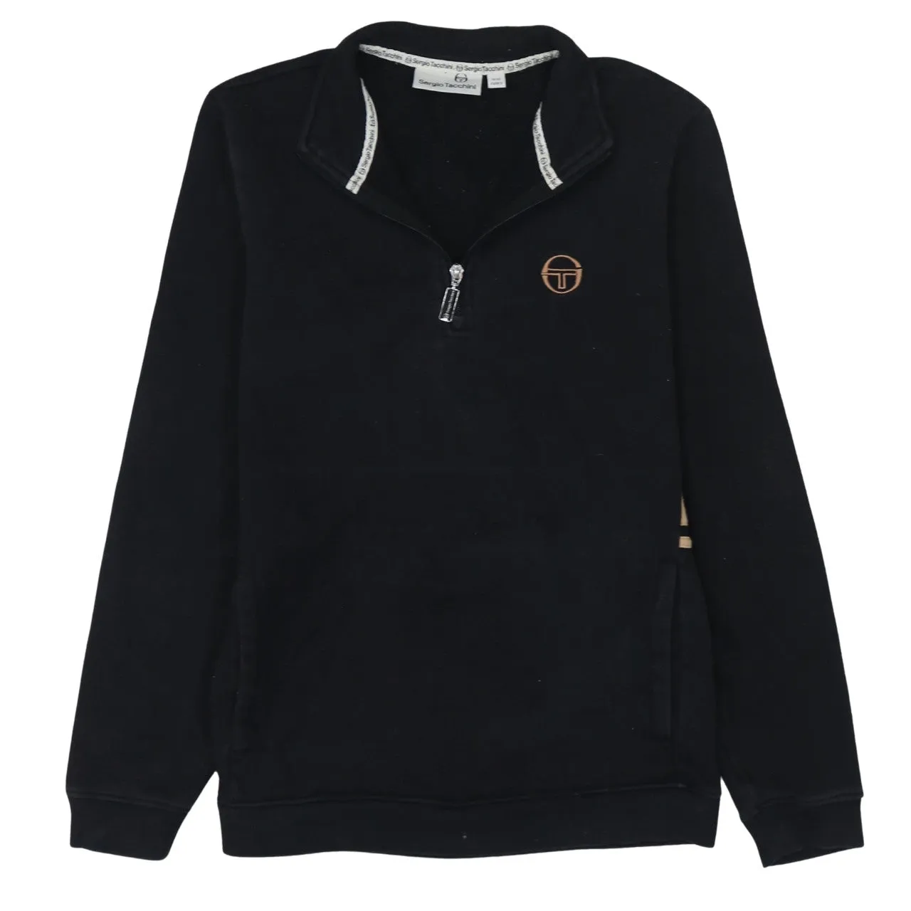 Sergio Tacchini Black Quarter Zip Sweatshirt Men’s XSmall Embroidered Logo Stripe Pullover Fleece Top sold by Vintage Club