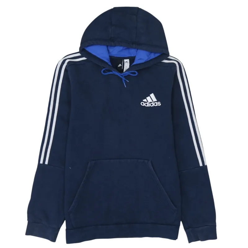 Adidas Navy Blue Hoodie Men's Large Embroidered Logo Three Stripe Sleeves Pullover Sweatshirt sold by Vintage Club