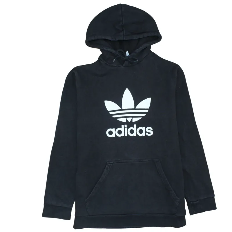 Adidas Black Hoodie Women’s Large Printed Trefoil Logo Front Pocket Pullover Sweatshirt sold by Vintage Club