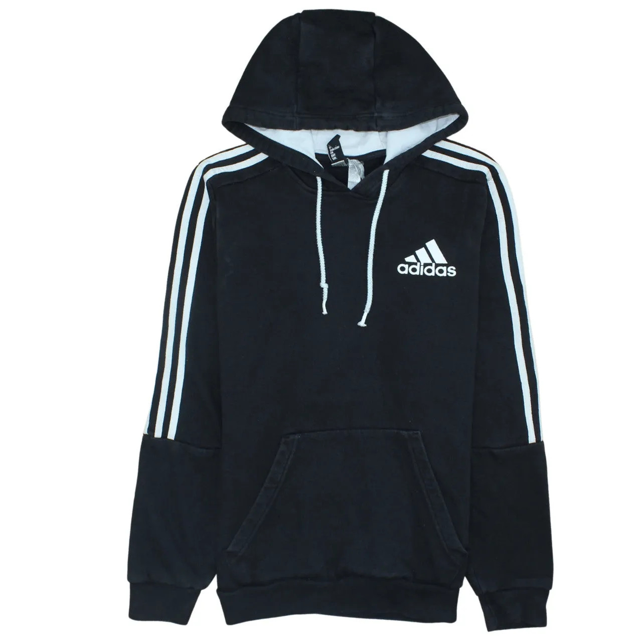 Adidas Black Hoodie Men's Small Embroidered Logo Three Stripe Sleeve Pullover Sweatshirt sold by Vintage Club