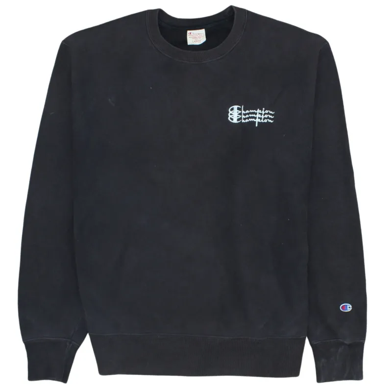 Champion Black Sweatshirt Men's Large Embroidered Script Logo Ribbed Crewneck Pullover Fleece Top sold by Vintage Club