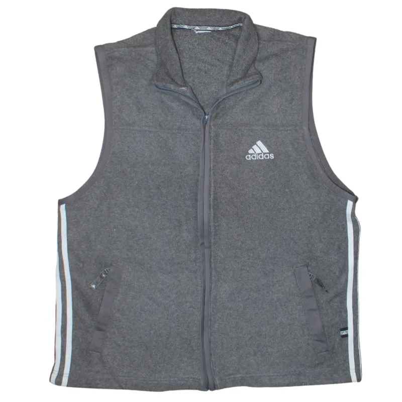 Adidas Grey Fleece Gilet Men’s Large Embroidered Logo Zip Pockets Side Stripes Vest sold by Vintage Club