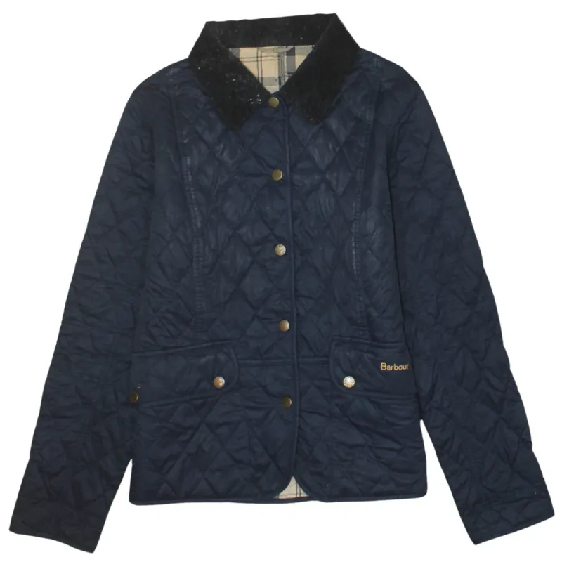 Barbour Navy Blue Quilted Jacket Men's XSmall Cord Collar Snap Pockets Embroidered Logo Outerwear sold by Vintage Club