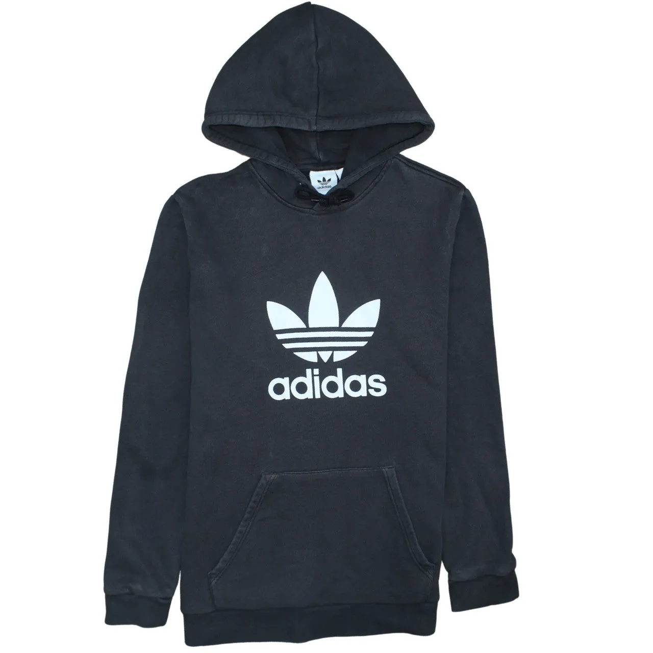 Adidas Black Hoodie Men's Medium Trefoil Printed Logo Front Pocket Pullover Sweatshirt sold by Vintage Club