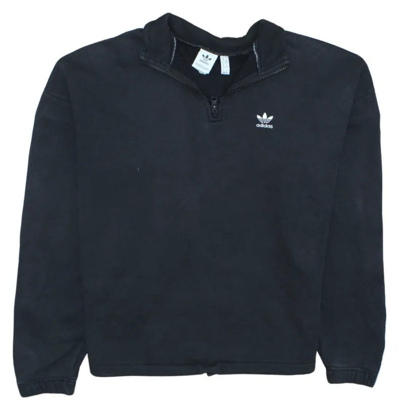 Adidas Black Quarter Zip Sweatshirt Women's Small Embroidered Trefoil Logo Tape Sleeves Pullover sold by Vintage Club