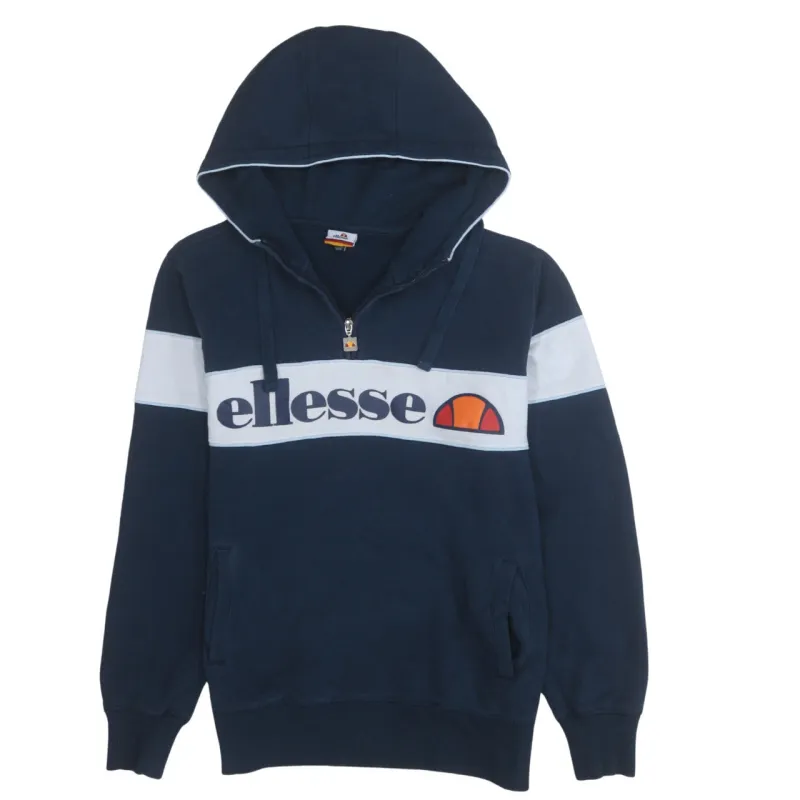 Ellesse Navy Blue Hoodie Women’s Large Quarter Zip Big Printed Logo Front Pocket Sweatshirt made by Ellesse