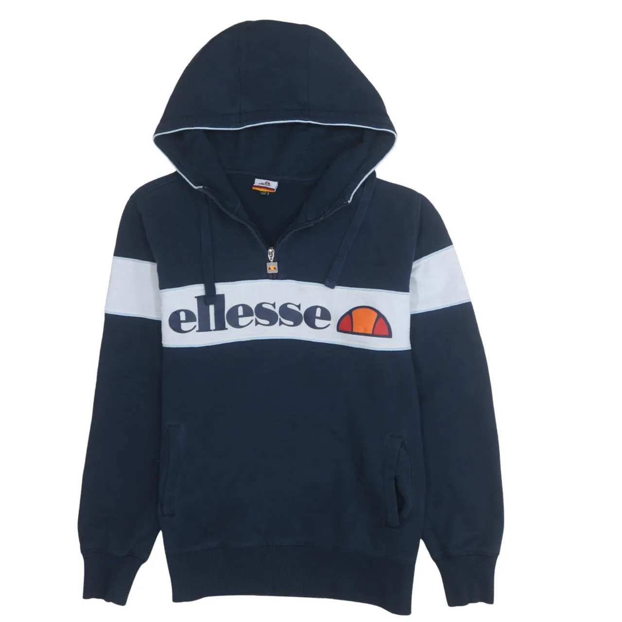 Ellesse Navy Blue Hoodie Women’s Large Quarter Zip Big Printed Logo Front Pocket Sweatshirt sold by Vintage Club
