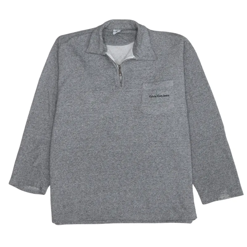 Calvin Klein Grey Quarter Zip Sweatshirt Men's XLarge Embroidered Chest Logo Pullover Fleece Top made by Calvin Klein
