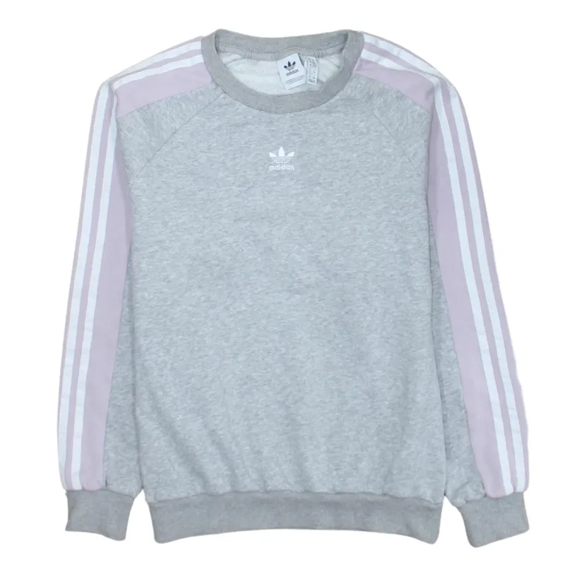 Adidas Grey Sweatshirt Women’s XSmall Embroidered Trefoil Lilac Three Stripe Sleeves Pullover Top sold by Vintage Club