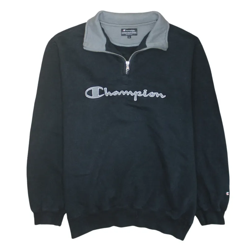 Champion Black Quarter Zip Sweatshirt Men's Large Embroidered Logo Contrast Collar Pullover made by Vintage Club