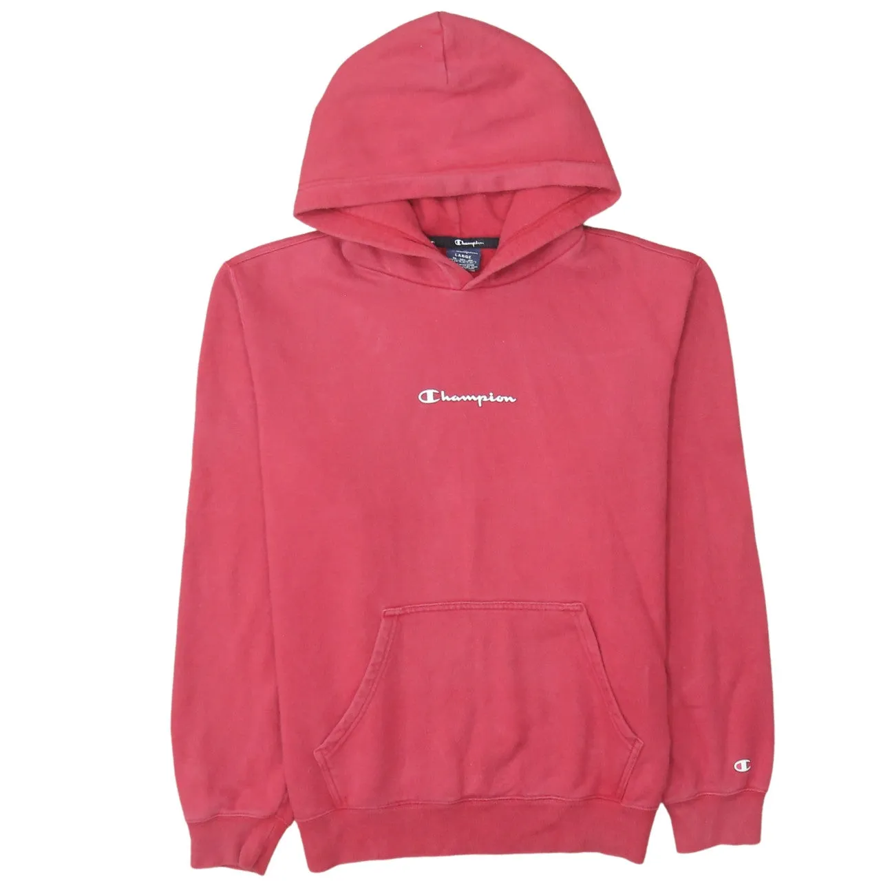 Champion Faded Red Hoodie Women’s Large Embroidered Chest Logo Front Pocket Pullover Sweatshirt sold by Vintage Club