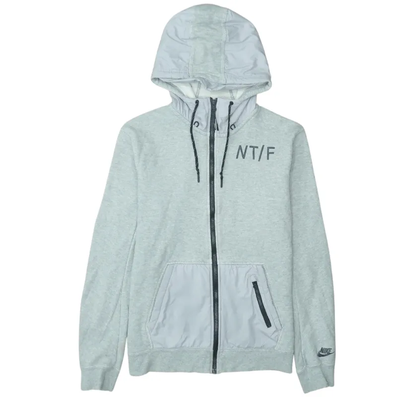 Nike Light Grey Full Zip Hoodie Men's Medium NT/F Print Nylon Panels Embroidered Cuff Sweatshirt sold by Vintage Club