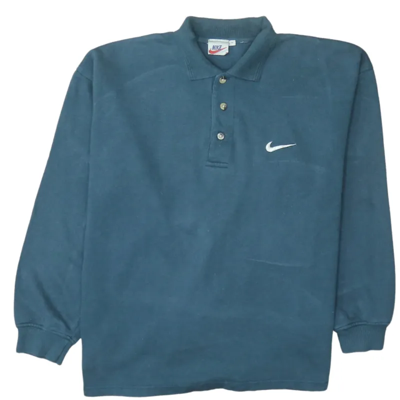 Nike Teal Long Sleeve Polo Shirt Men's Medium Embroidered Swoosh Ribbed Cuffs Top sold by Vintage Club