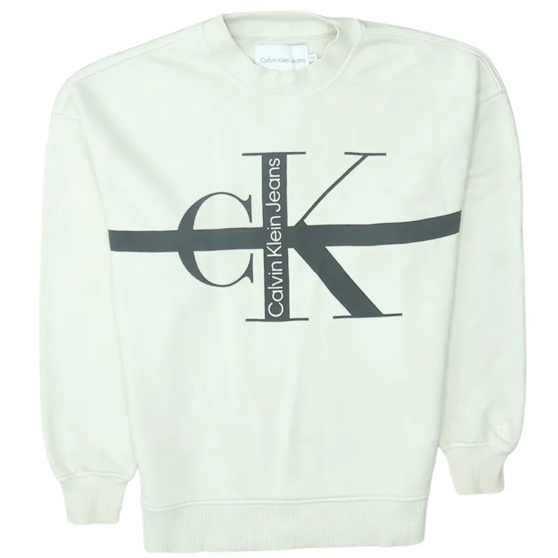 Calvin Klein Off White Sweatshirt Men's XXSmall Printed CK Logo Crewneck Pullover Jumper sold by Vintage Club