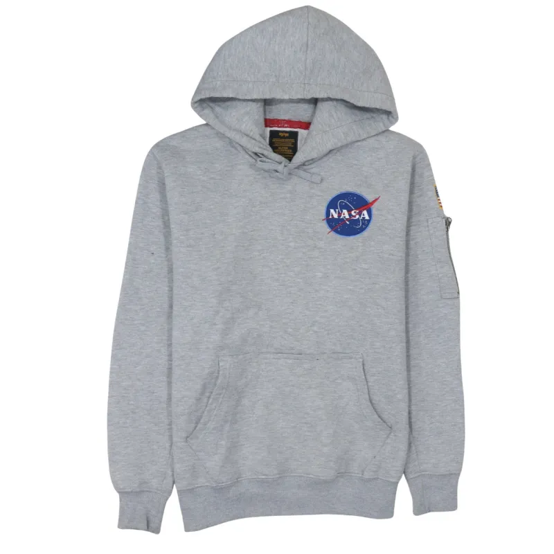 Alpha Industries Grey Hoodie Men’s Medium NASA Logo Space Shuttle Back Graphic Sweatshirt sold by Vintage Club