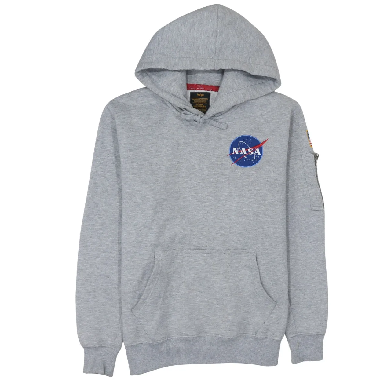 Alpha Industries Grey Hoodie Men’s Medium NASA Logo Space Shuttle Back Graphic Sweatshirt sold by Vintage Club