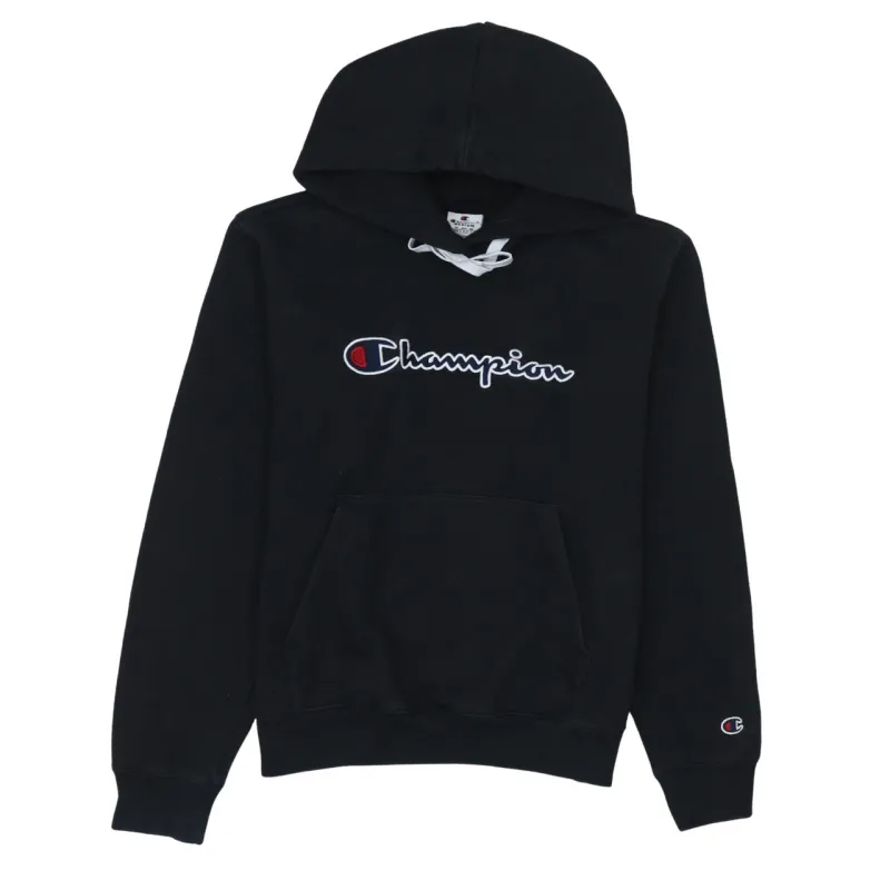 Champion Black Hoodie Men’s Medium Embroidered Script Logo Front Pocket Pullover Sweatshirt made by Champion
