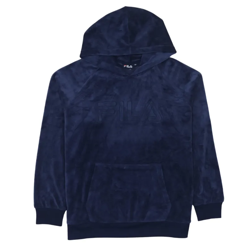 Fila Navy Blue Hoodie Women’s XLarge Embossed Logo Velour Pullover Front Pocket Sweatshirt sold by Vintage Club