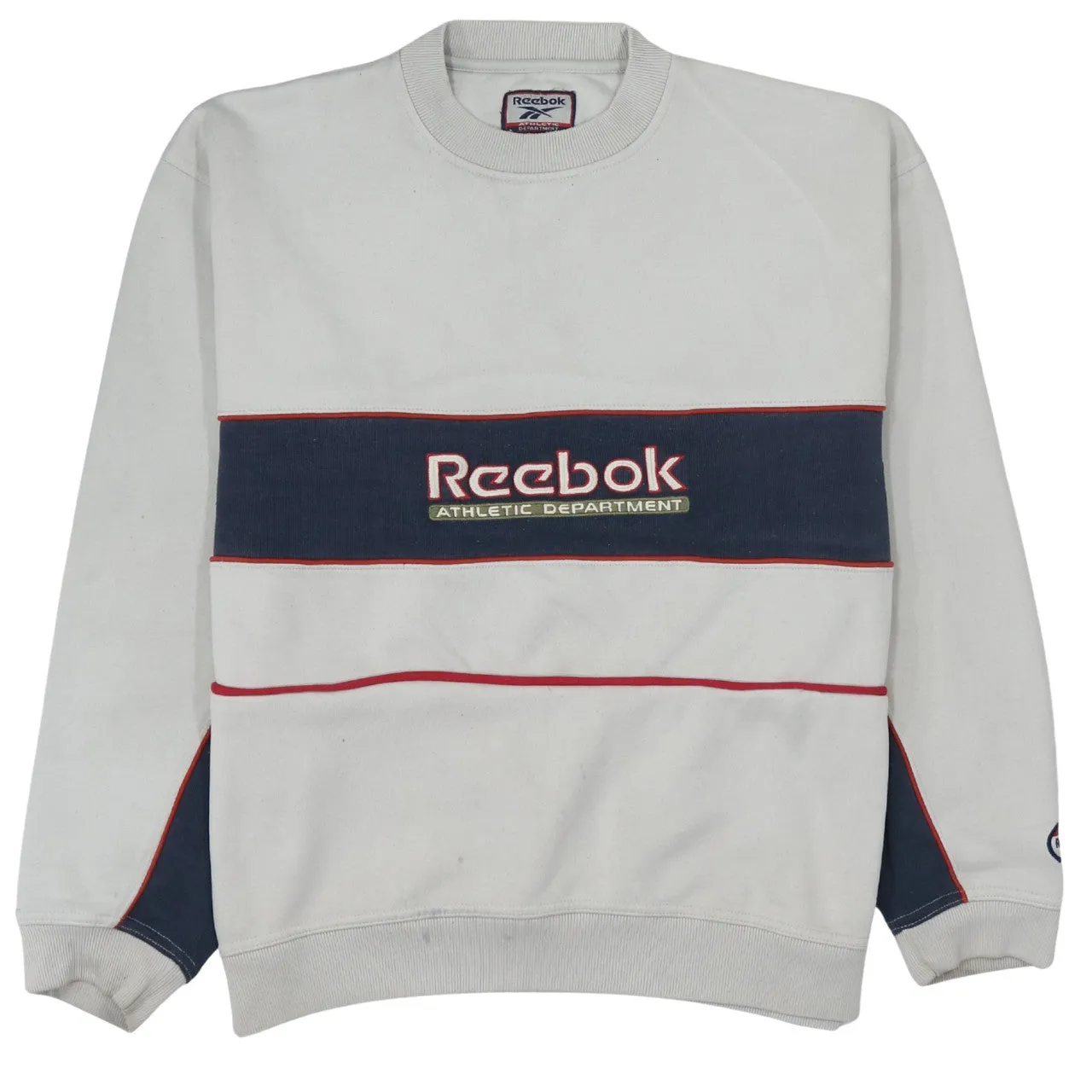 Reebok Cream Navy Sweatshirt Men's XLarge Embroidered Athletic Department Logo Crewneck Pullover sold by Vintage Club