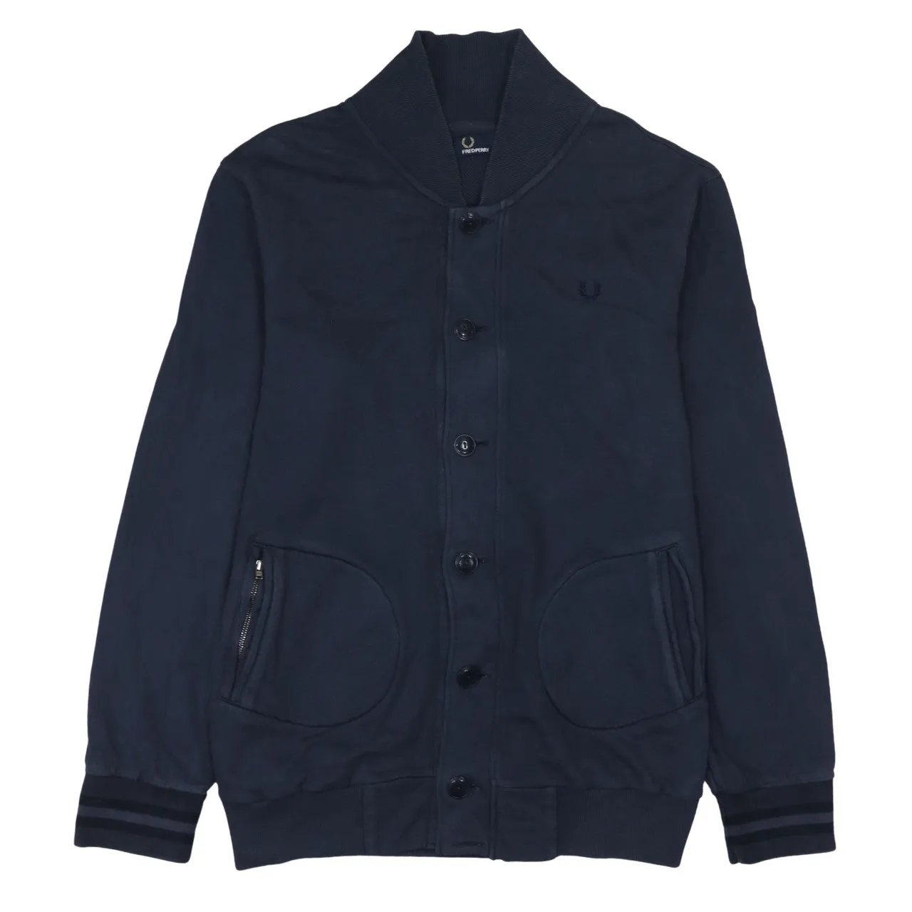 Fred Perry Navy Blue Sweatshirt Women's Large Button Front Embroidered Logo Pockets Jacket Top sold by Vintage Club