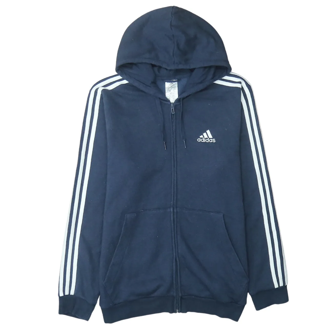 Adidas Navy Blue Hoodie Men's Large Full Zip Embroidered Logo Three Stripe Sleeves Sweatshirt sold by Vintage Club