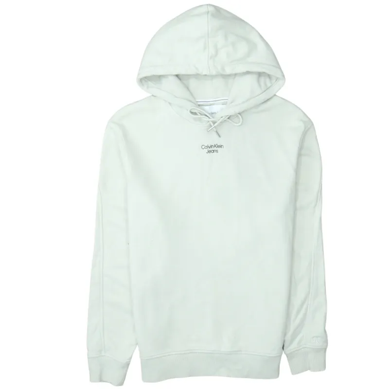 Calvin Klein Beige Cream Hoodie Men's Medium Small Logo Drawstring Hood Ribbed Hem Sweatshirt sold by Vintage Club