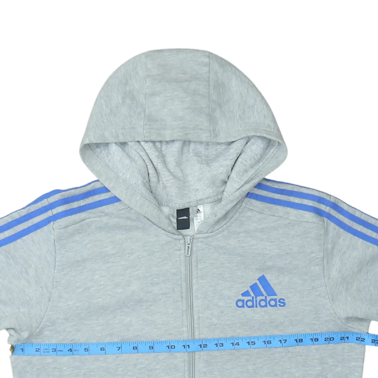 Adidas Light Grey Hoodie Men's Medium Full Zip Blue Three Stripe Embroidered Logo Top sold by Vintage Club product image thumbnail 5