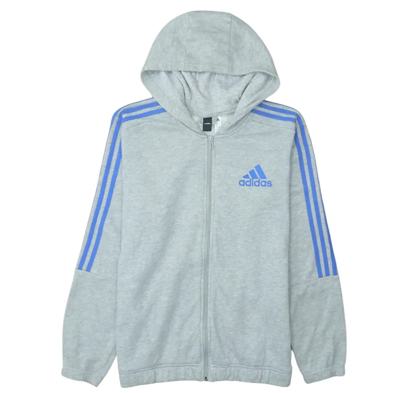 Adidas Light Grey Hoodie Men's Medium Full Zip Blue Three Stripe Embroidered Logo Top sold by Vintage Club