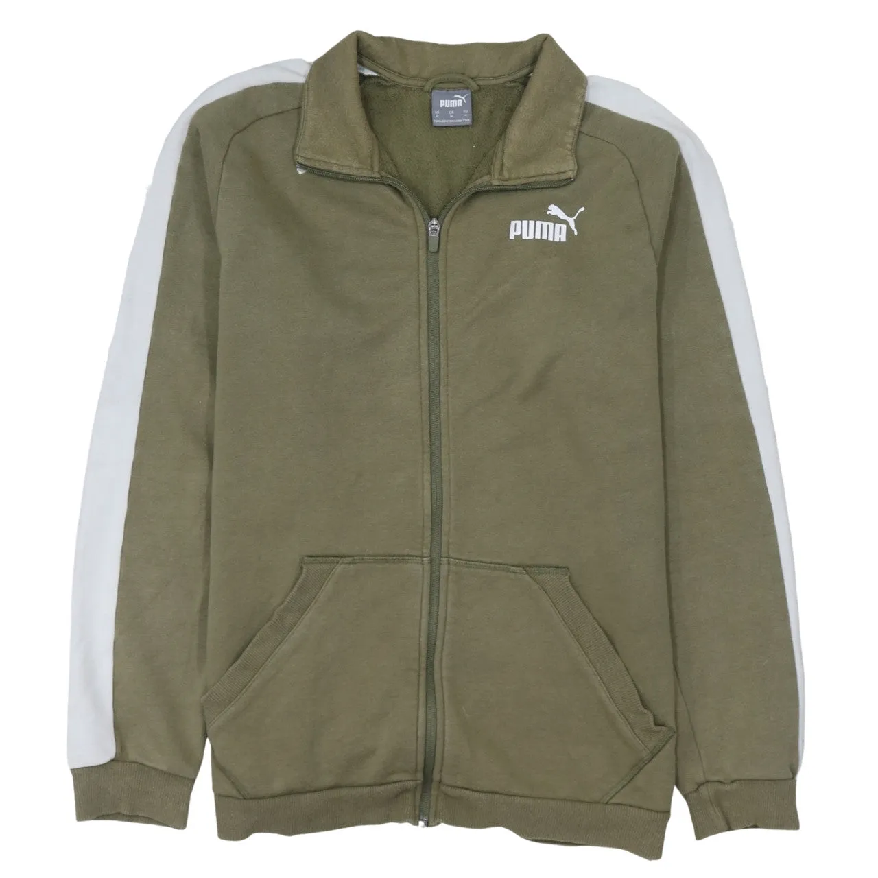 Puma Khaki Green Track Jacket Men's Medium White Stripe Sleeves Printed Logo Zip Sweatshirt sold by Vintage Club
