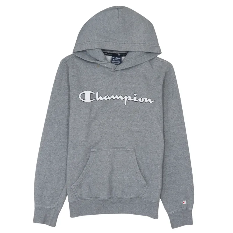 Champion Grey Hoodie Men’s XSmall Printed Script Logo Fleece Lined Pullover Sweatshirt sold by Vintage Club