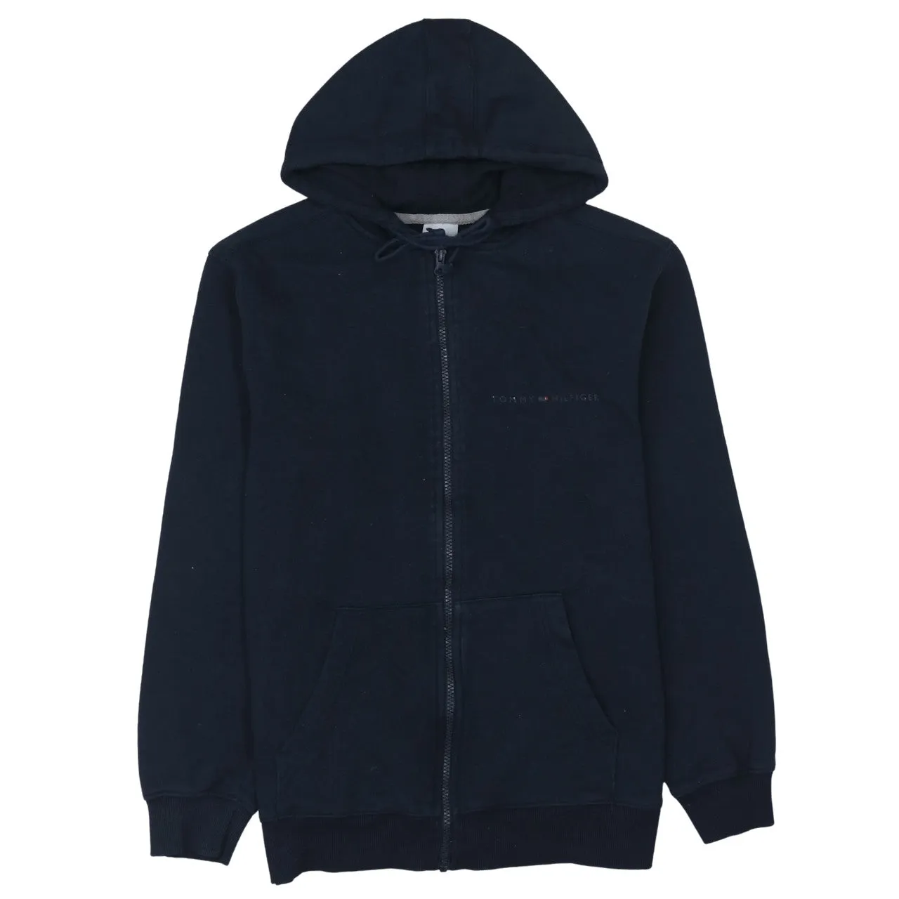Tommy Hilfiger Navy Blue Zip Hoodie Women's Medium Embroidered Chest Logo Front Pockets Sweatshirt sold by Vintage Club