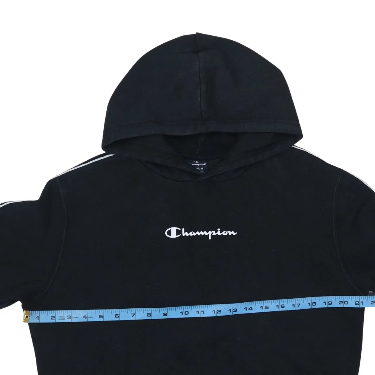 Champion Black Hoodie Women’s Medium Embroidered Chest Logo Stripe Sleeve Pullover Sweatshirt sold by Vintage Club product image thumbnail 5