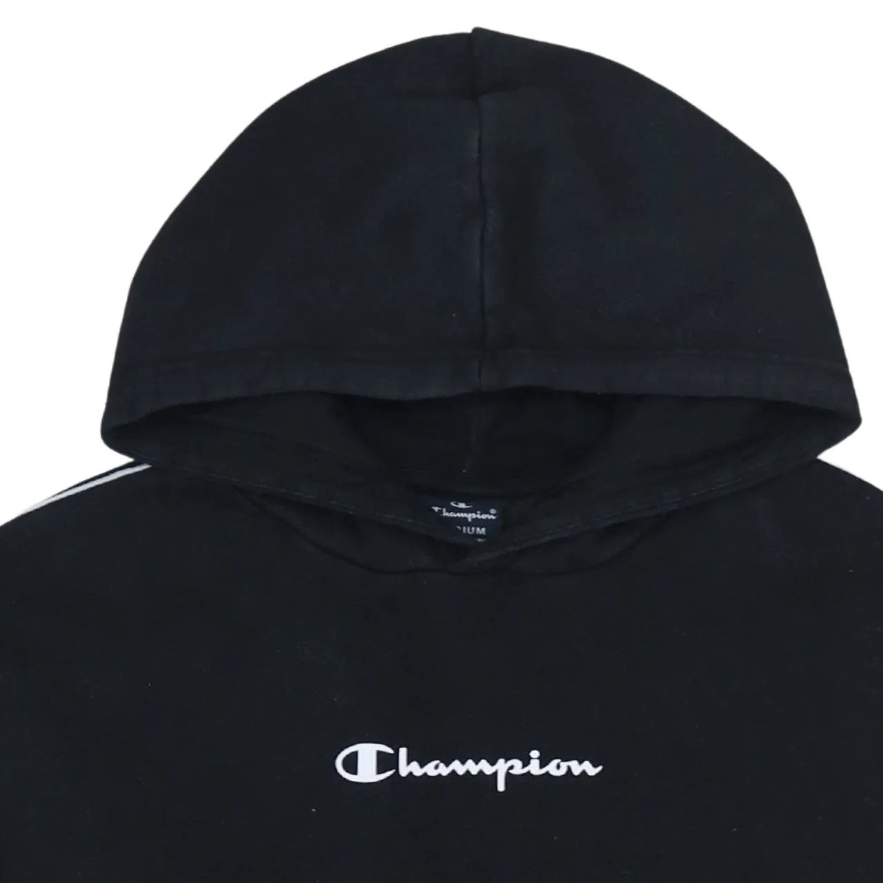 Champion Black Hoodie Women’s Medium Embroidered Chest Logo Stripe Sleeve Pullover Sweatshirt sold by Vintage Club product image thumbnail 3